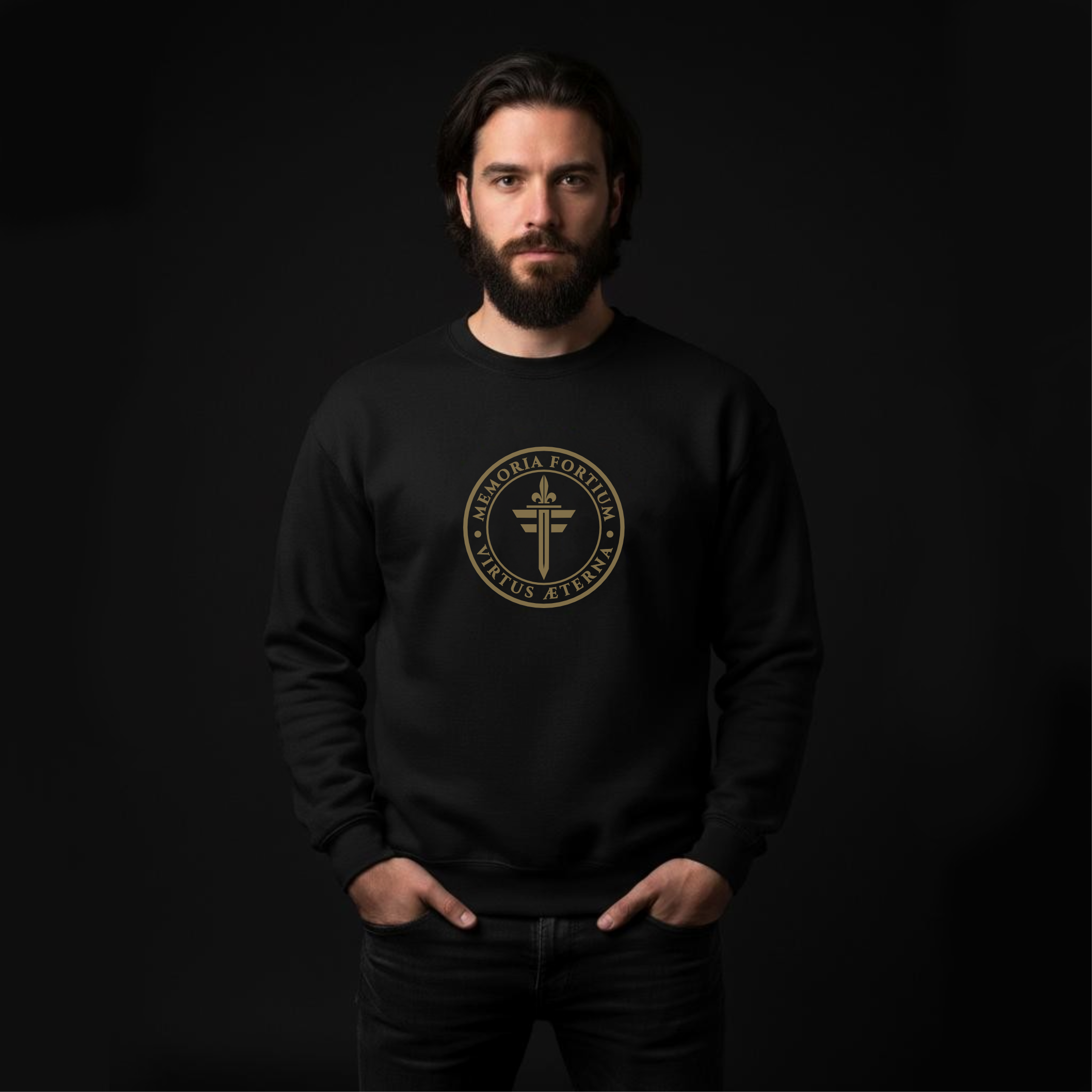 FRONT™ FORTIUM SIGILLUM Signature Gold Edition I Black Essential Unisex Crewneck