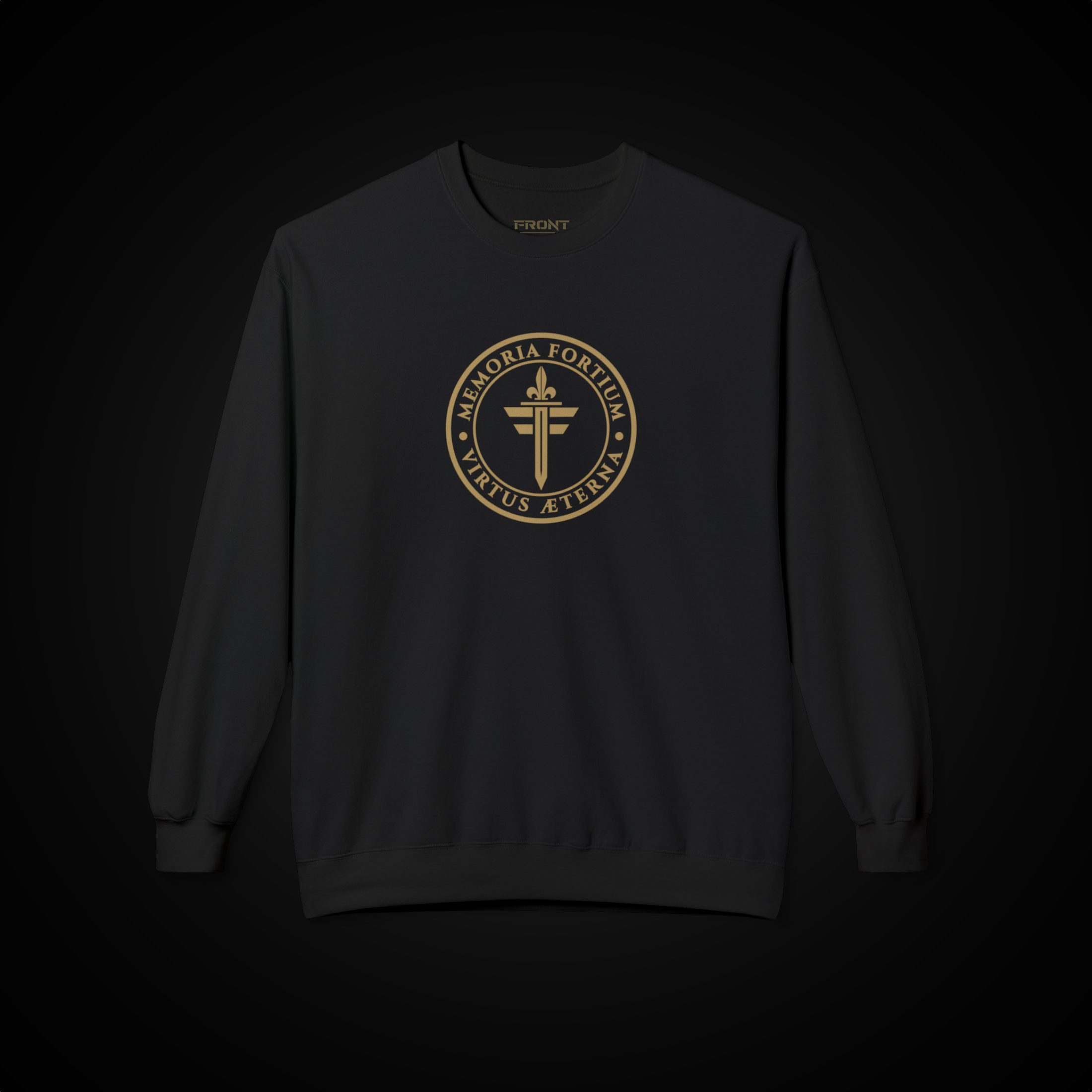 FRONT™ FORTIUM SIGILLUM Signature Gold Edition I Black Essential Unisex Crewneck