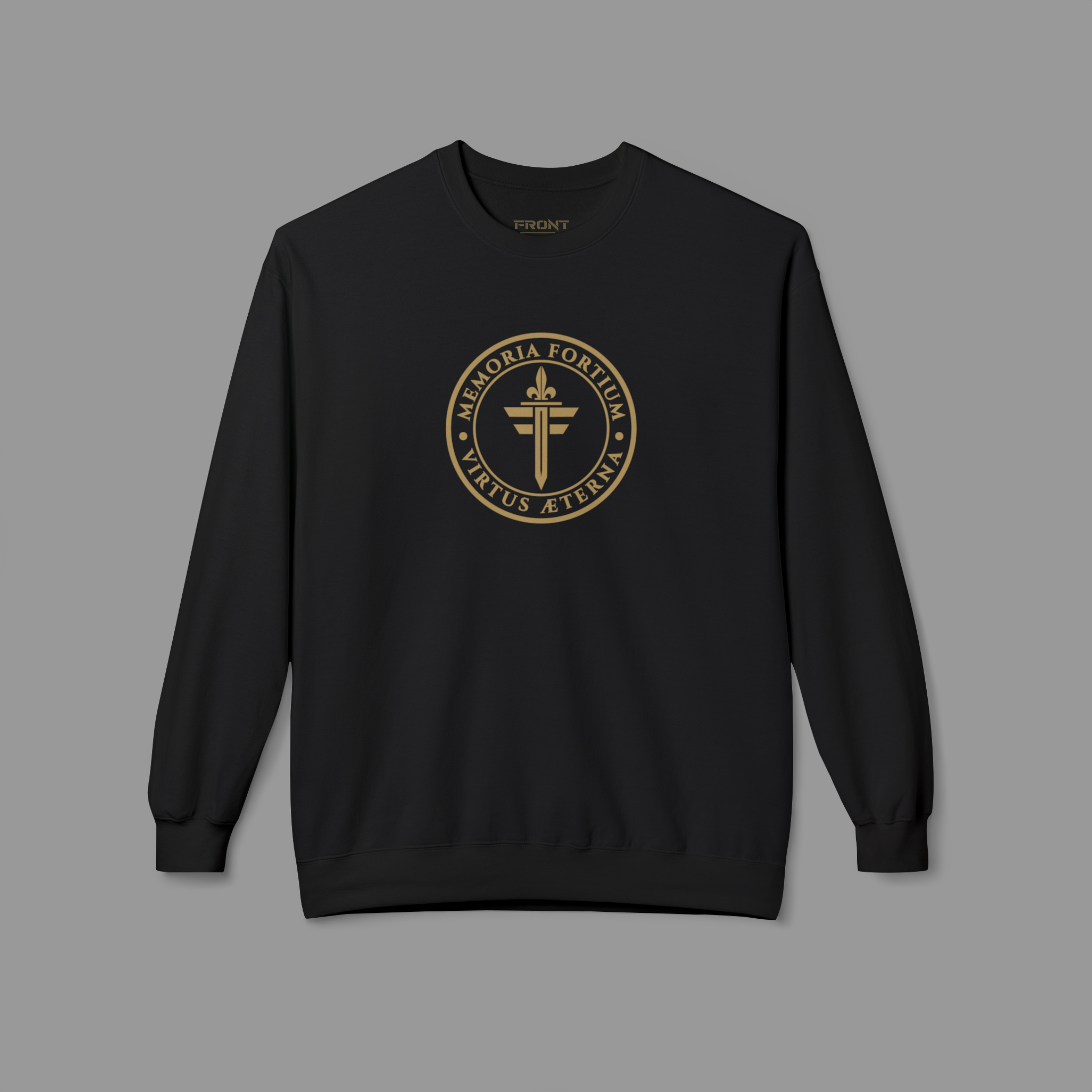 FRONT™ FORTIUM SIGILLUM Signature Gold Edition I Black Essential Unisex Crewneck