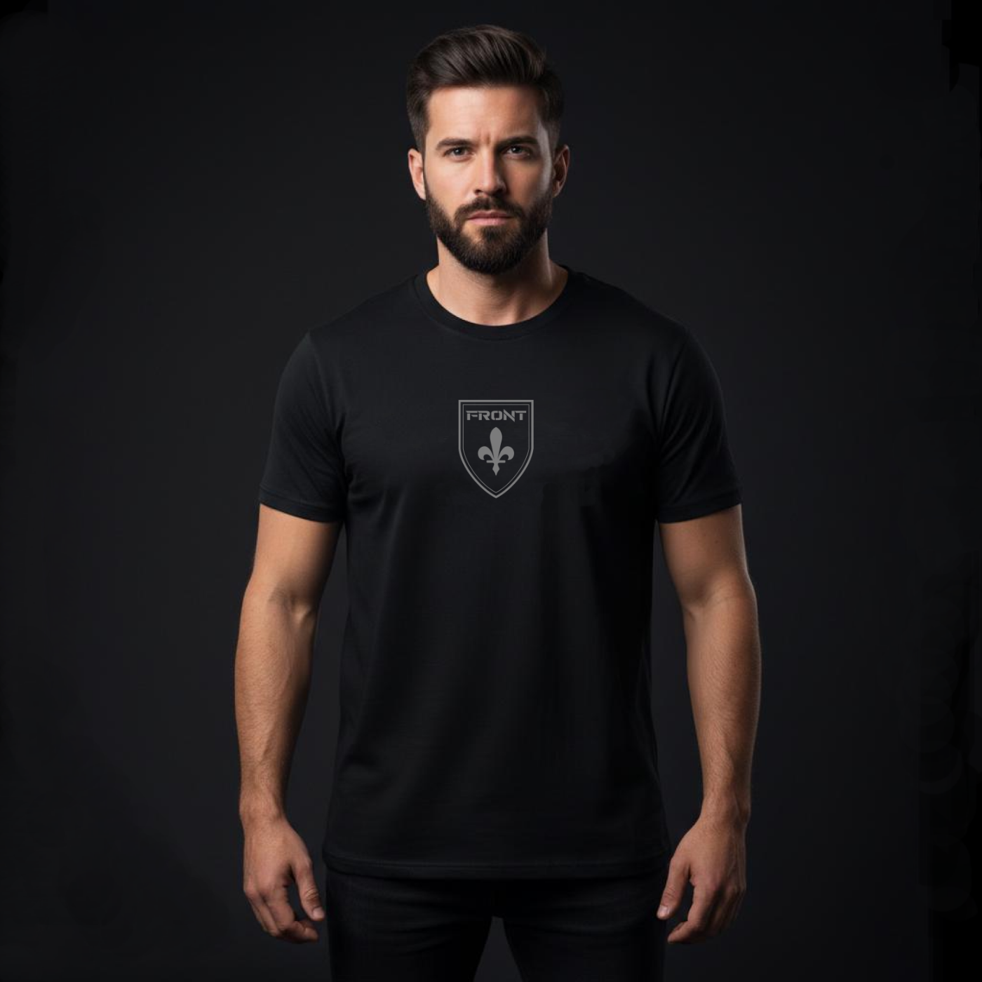 FRONT™ Shield Iron Core I Black Essential Unisex Tee