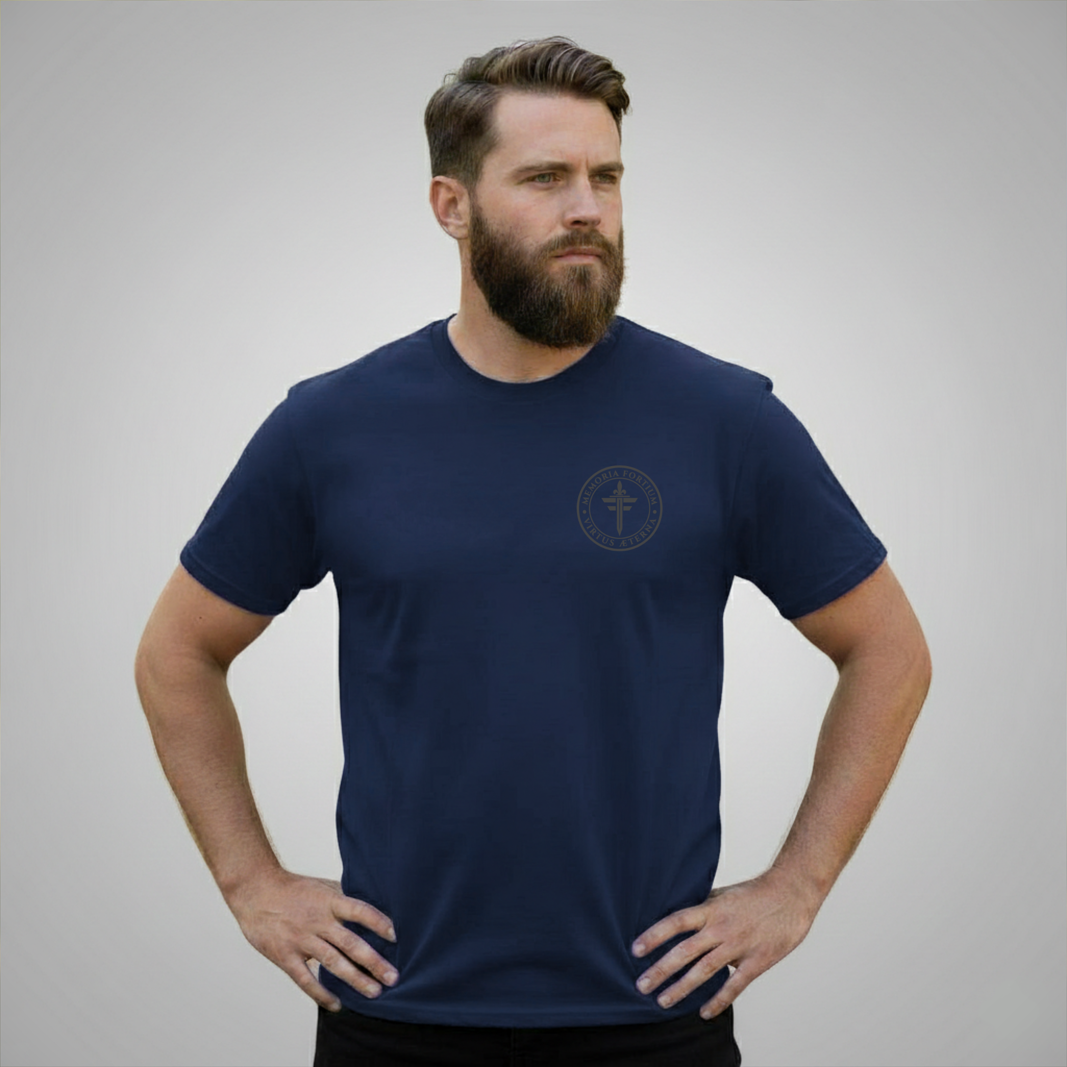 FRONT™ MFB Patch Maritime Brass I Navy Essential Unisex Tee